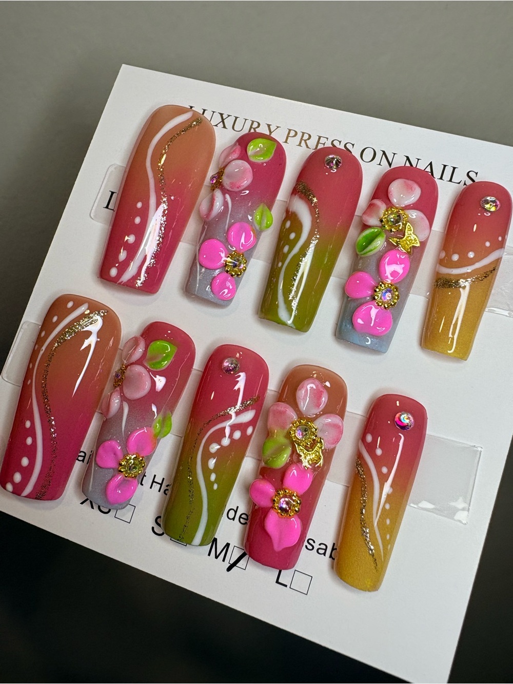 Pink Floral Press-On Nails with Gold Accents